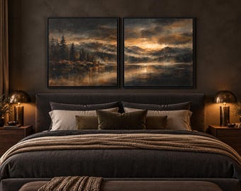Diptyque « Au-delà du bois », ensemble de 2 toiles encadrées, paysage de montagne et de forêt mystérieuse, cadre noir ou expresso
