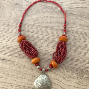 Berber Statement Necklace – Handmade Moroccan Beaded Jewelry with Silver Pendant – Ethnic Boho Gift for Her