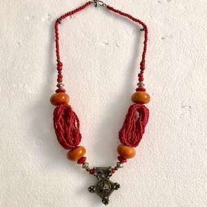 Handmade Berber Necklace with Red Beads and Tuareg Traditional – Tribal Amazigh Jewelry - Vintage Necklace