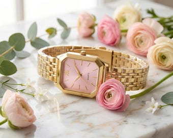 Elegant Women’s Quartz Watch – Gold Bracelet & Pink Dial