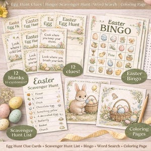 May include: A printable Easter Games Bundle featuring egg hunt clues, bingo, scavenger hunt, word search, and coloring pages. Includes a scavenger hunt list, Easter bingo cards, and a cute bunny illustration. The bundle is 8.5" x 11" and fun for kids.