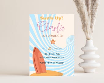 May include: A blue and white striped background with a surfboard and a starfish. The text "Surf's Up! Charlie is turning 3!" is written in a yellow and pink font. The date and time of the event are listed as "July 20, 11AM-2PM". The address is "1234 Beach Ave., Wave, Sandcastle 12345". The RSVP date is "7/6/2024".