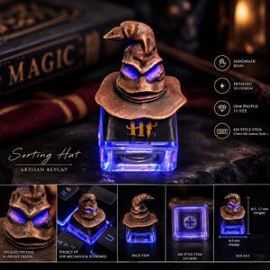 May include: A bronze-coloured Sorting Hat artisan keycap for mechanical keyboards with a glowing blue interior. The keycap features a detailed 3D design, an MX-style stem, and measures 18.5 mm in width with a height of 16.5 to 17 mm.