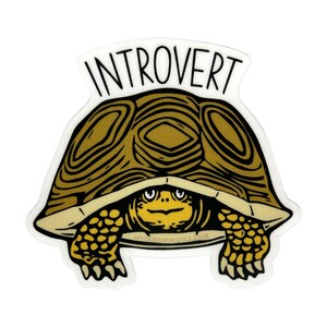 May include: A sticker featuring a cartoon turtle with a yellow and brown shell, and the word "INTROVERT" above it. The turtle is peeking out from under its shell. The website "WITANDWHISTLE.COM" is printed at the bottom.