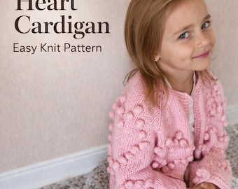 Patrón de punto para cárdigan infantil con forma de corazón en PDF, suéter de punto grueso para niños, cárdigan fácil para principiantes, suéter acogedor para bebé, descarga instantánea.