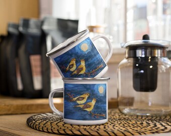 Original Art.  2 Love Birds (print is on both sides of the mug).  Enamel Mug