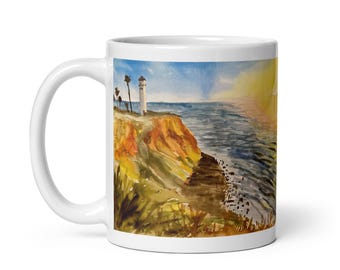 Lighthouse and The Sun.  Original Watercolor.  White glossy mug
