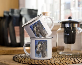 Original Art.  Grey Horse.  Enamel Mug