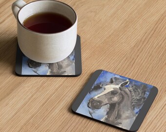 Original Art.  Grey Horse.  Cork-back coaster