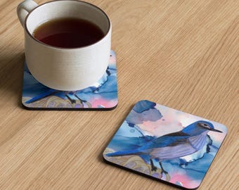 Original Blue Bird.  Modern background.  Cork-back coaster