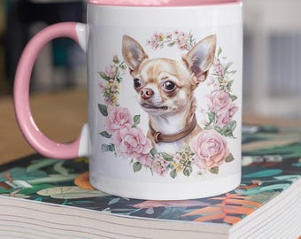 Taza de café con diseño de chihuahua encantador, taza floral para mascotas, regalo para amantes de los perros, decoración adorable para perros, ideal para el hogar, la cocina y la oficina.