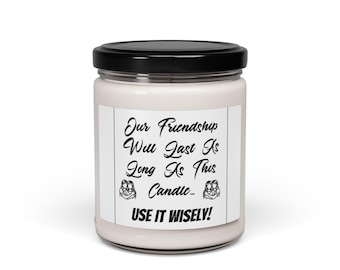 May include: A white candle in a glass jar with a black lid. The label reads "Our Friendship Will Last As Long As This Candle... USE IT WISELY!" with two small illustrations of people hugging.