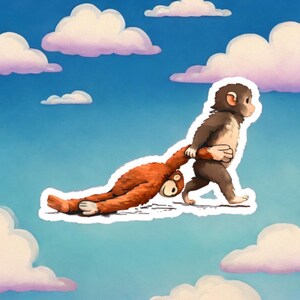 May include: A whimsical sticker depicting two cartoon monkeys against a blue sky with fluffy clouds. One brown monkey is pulling the other orange monkey, who is lying down. The sticker has a white border.
