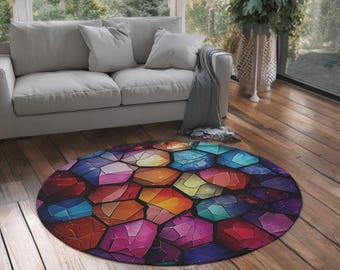 Alfombra redonda con mosaico geométrico de gemas de colores / Vibrante diseño de vidrieras