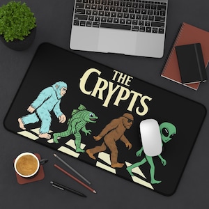 Cryptid Haven Desk Mat - Bigfoot, Nessie, Yeti & Alien Design - Mythical Creatures Keyboard Pad - Paranormal Mousepad - Workstation Mat