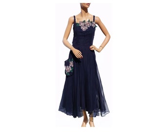 Vintage 1940s Dark Blue Chiffon Dress - Hand Painted Flower - L - VFG