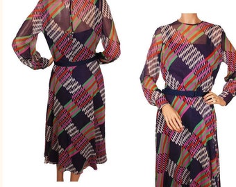 Vintage 1960s Organza Dress - Striped Geometric Square Print - VFG