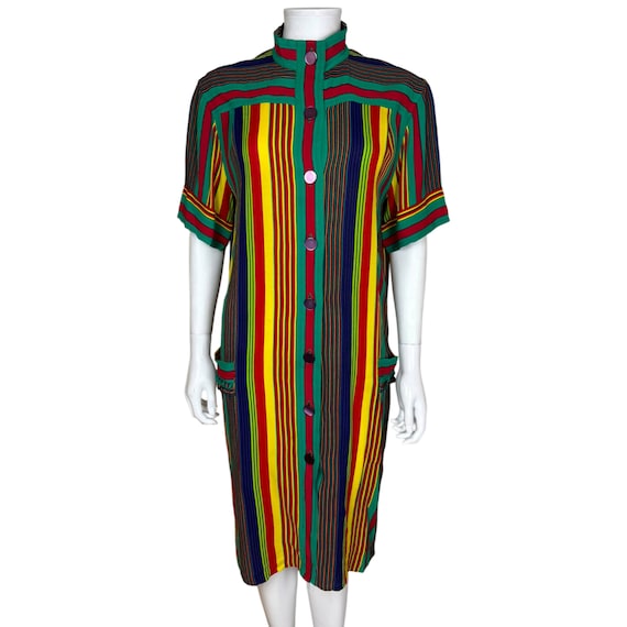 Celine, Vintage 1980s Céline Paris Multicolour Striped Rayon Shirt Dress Made in France