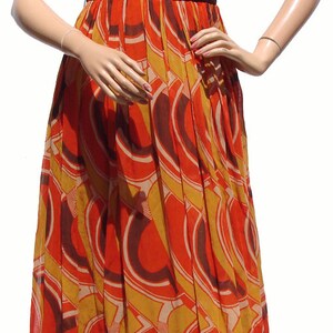 Vintage 1970s Maxi Dress Geometric Print Cotton & Brown Velvet VFG image 3