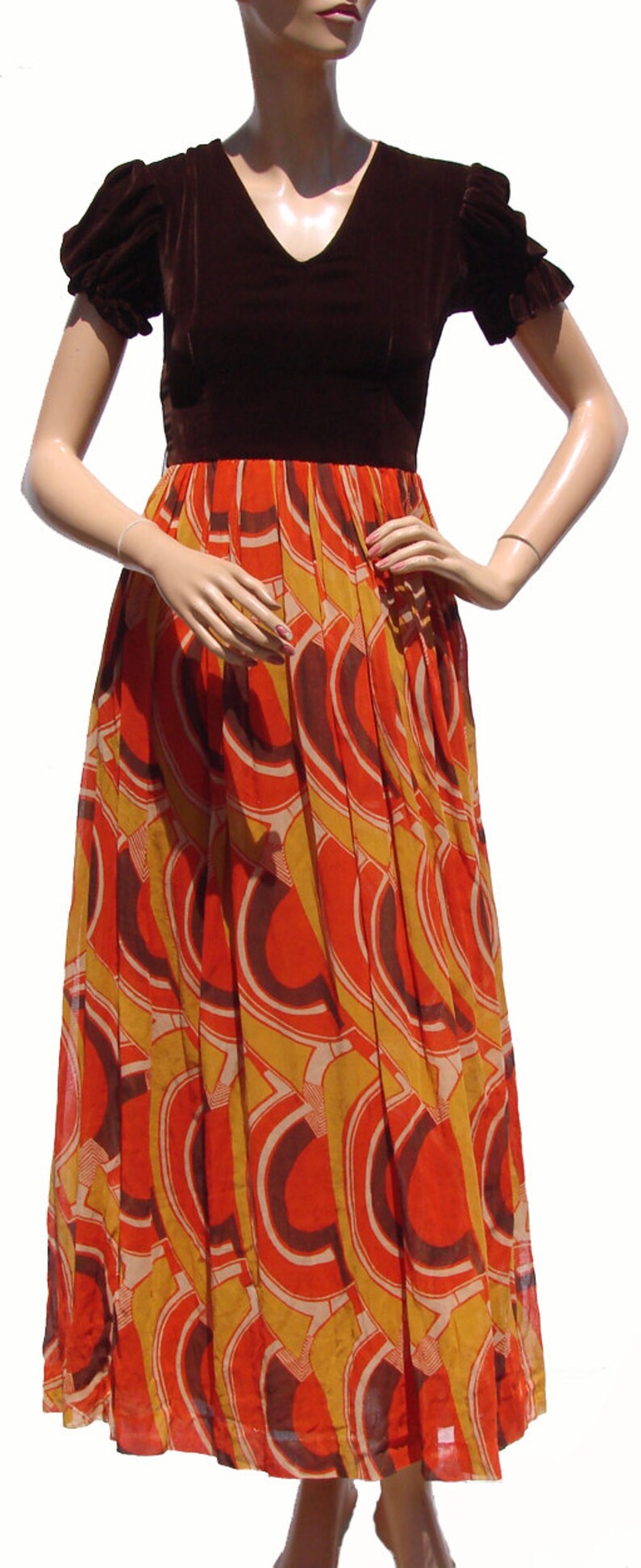 Vintage 1970s Maxi Dress Geometric Print Cotton & Brown Velvet VFG image 3