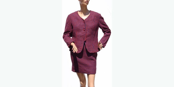 Vintage 1960s Suit Red & Blue Houndstooth Tweed W… - image 1