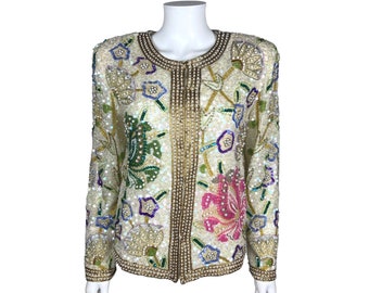 Vintage 1980s Beaded Silk Jacket Laurence Kazar New York Size M