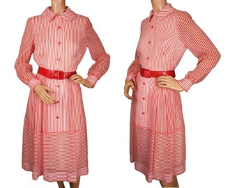 Vintage 1960s Red & White Striped Cotton Voile Dress - Size L - VFG