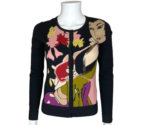 Vintage 1990s Kenzo Jungle Geisha Face Sweater Black Wool Cardigan