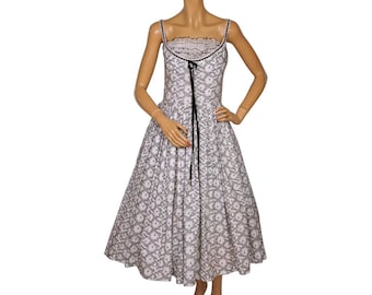 Vintage 1950s Black and White Cotton Dress - Floral Print - S - VFG