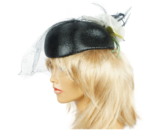 Vintage 1950s Richard Healy Black Fascinator Hat Veil L Side Bars w/ Box USA This item is unavailable - Etsy main image 2