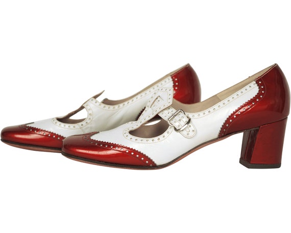 Vintage 1960s Shoes Ladies White & Red Patent Leat