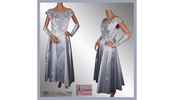 1950s Blue Silk Dress with Gauntlets - Size M - V… - image 1