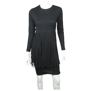 Vintage 1960s Dress Black Knit Wool with Long Fringe Over Skirt Size M - VFG