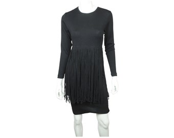 Vintage 1960s Dress Black Knit Wool with Long Fringe Over Skirt Size M - VFG