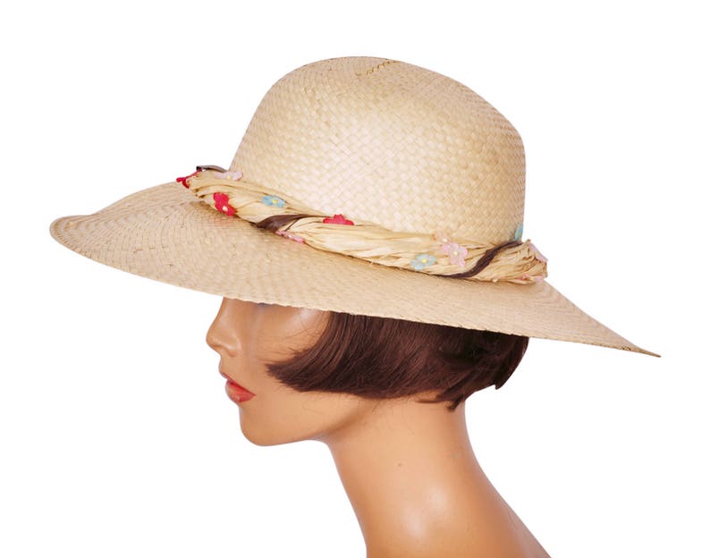 Vintage 1960s Straw Summer Sun Hat Ladies Size M image 2