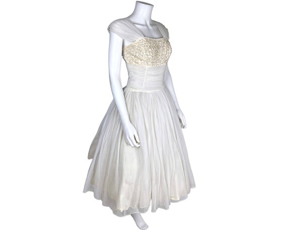 Vintage 50s Party Dress White Nylon Chiffon w Seq… - image 2