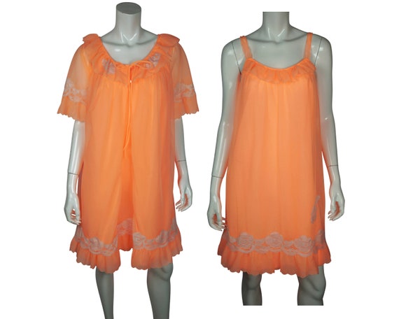 Vintage Nightie Peignoir Set Bright Orange Sheer N