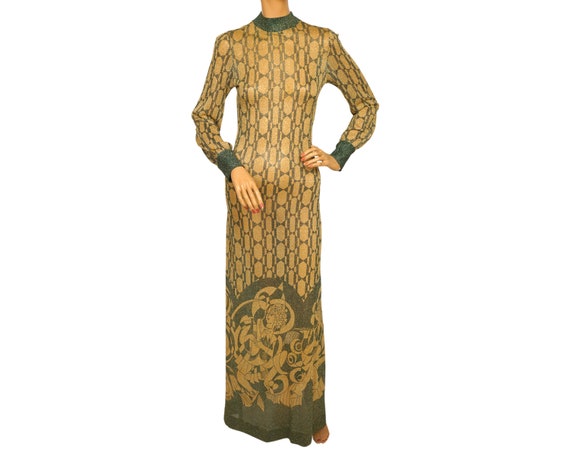 Vintage 1970s Dress Art Nouveau Print Metallic Lam