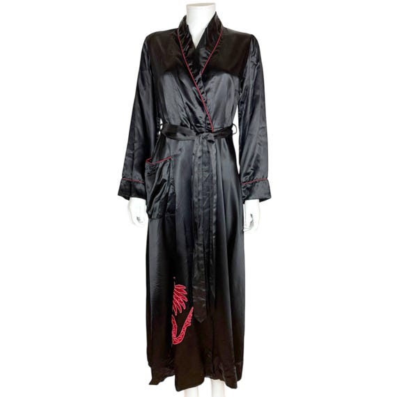 Vintage 1940s-50s Black Satin Robe with Embroidered D… - Gem