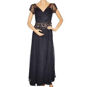 Vintage 1930s Evening Gown Black Tulle with Gold Braid Long Dress Size M - VFG