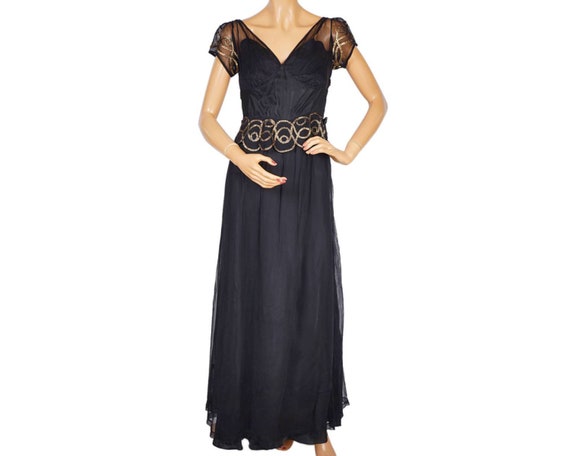 Vintage 1930s Evening Gown Black Tulle with Gold … - image 1