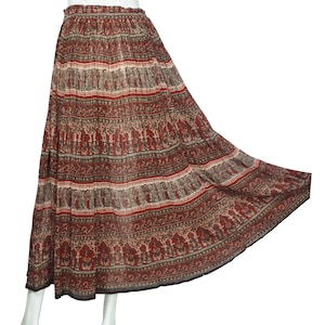 Vintage Indian Gauze Cotton Skirt with Red & Green Floral Pattern One Size