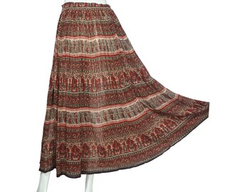 Vintage Indian Gauze Cotton Skirt with Red & Green Floral Pattern One Size