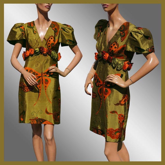 Vintage 1980s Butterfly Print Silk Dress - S