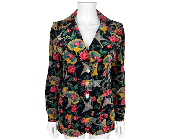 Vintage French 1970s Printed Velvet Jacket Ladies… - image 1