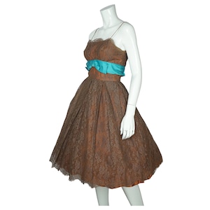 Vintage 1950s 60s Party Dress Brown Chantilly Lace Size S - VFG - Prom Dress