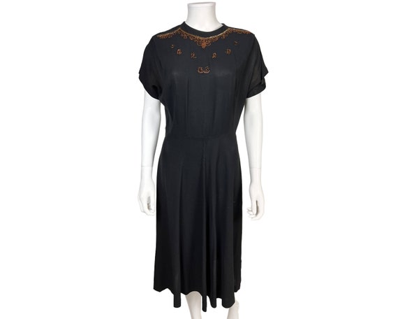 Vintage 1940s Beaded Dress Black Rayon Joan Doris… - image 1