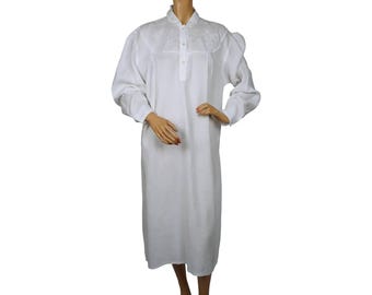 Camisón de lino y algodón blanco antiguo con bordado, talla L
