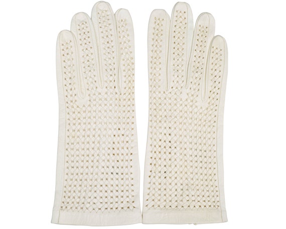 Vintage 1960s Gloves White Lattice Leather Unused… - image 1