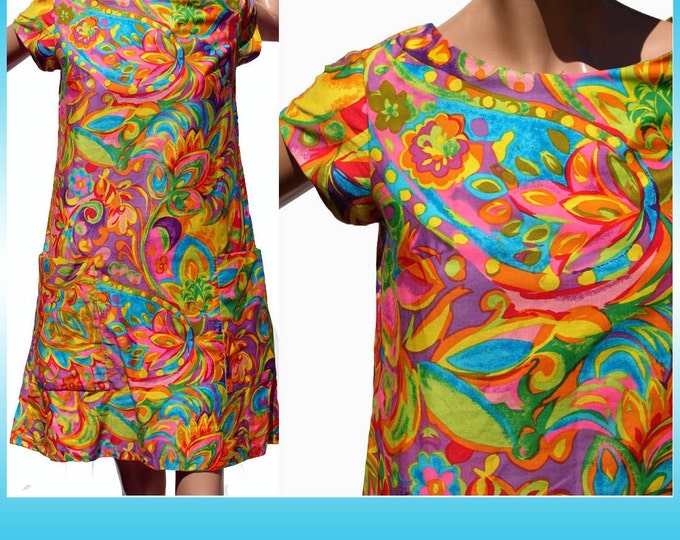 Vintage 1960s Dress Psychedelic Floral Print Cotton Muu Muu Etsy